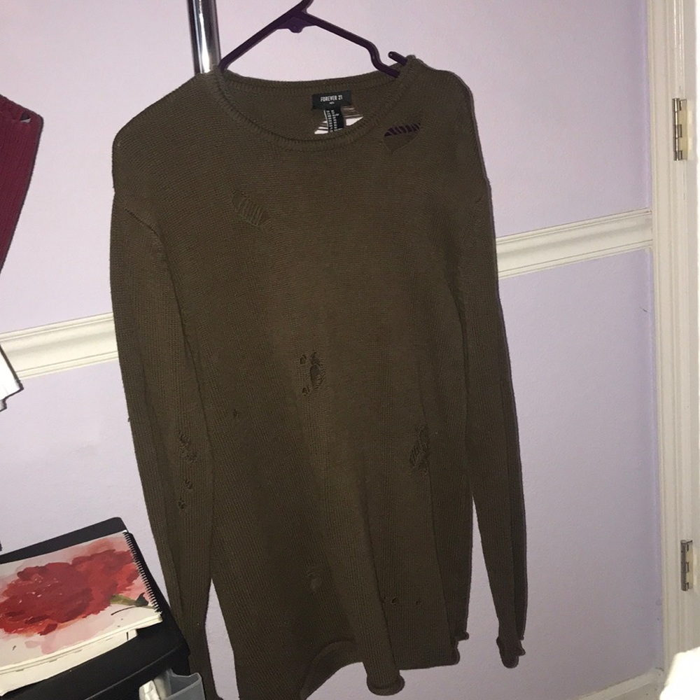 Olive Green Distressed Knit Sweater (streetwear)